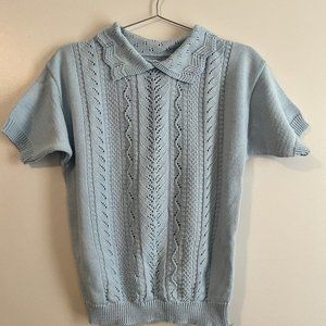 Vintage Blue Cotton Short Sleeve Collared Summer Sweater Medium Cottage Core